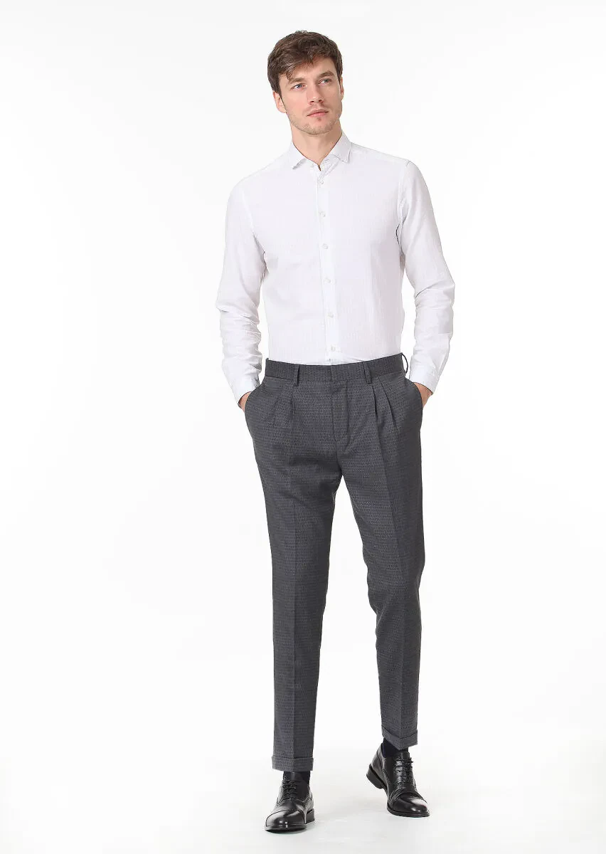 Antrasit Baskılı Dokuma Carrot Fit Klasik Yün Karışımlı Pantolon - 2