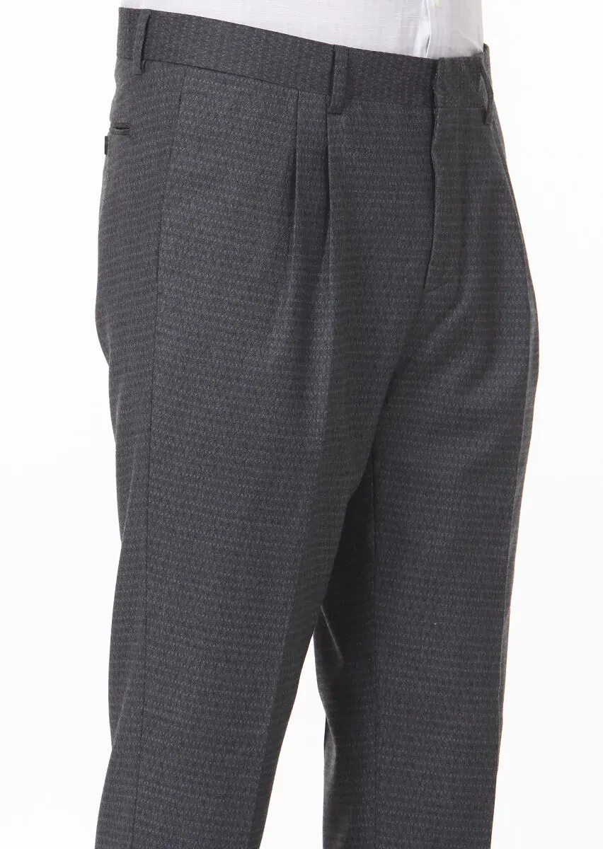 Antrasit Baskılı Dokuma Carrot Fit Klasik Yün Karışımlı Pantolon - 3