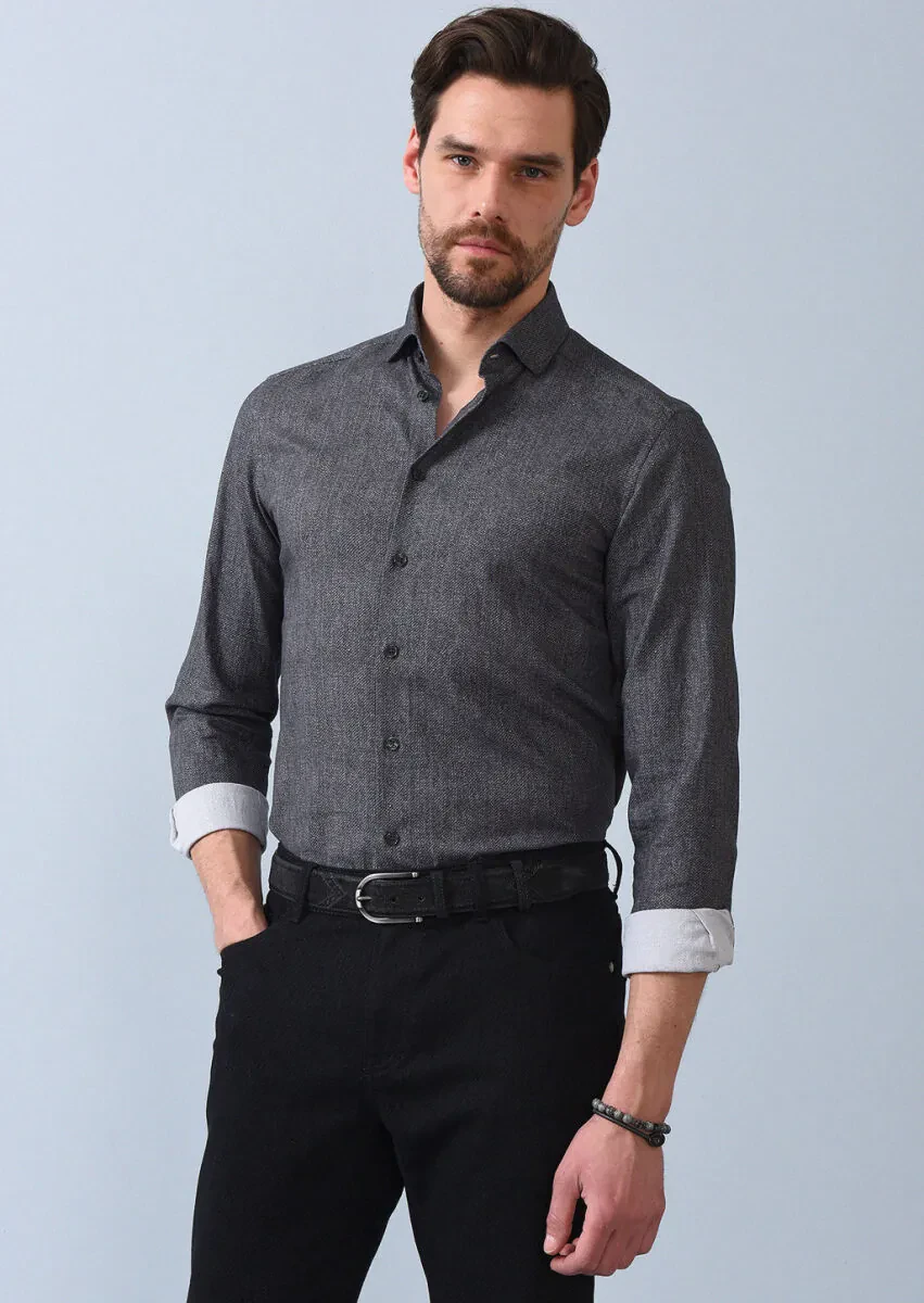Antrasit Baskılı Slim Fit Dokuma Casual %100 Pamuk Gömlek - 2