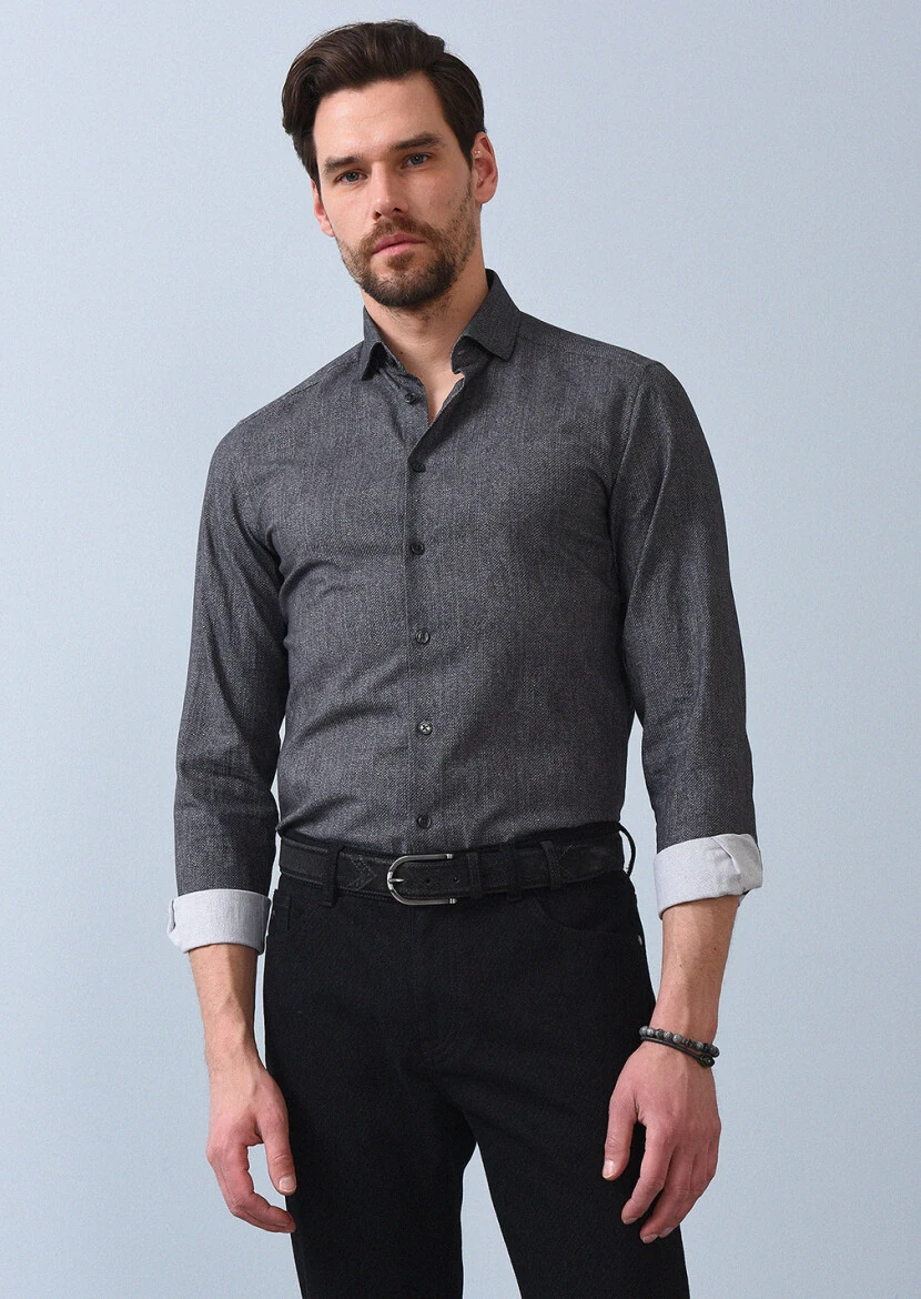 Antrasit Baskılı Slim Fit Dokuma Casual %100 Pamuk Gömlek - 3