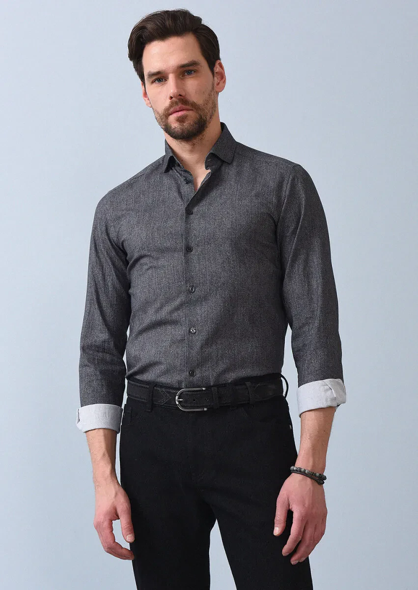Antrasit Baskılı Slim Fit Dokuma Casual %100 Pamuk Gömlek - 3