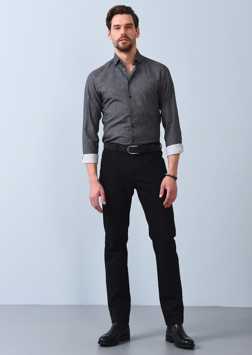 Antrasit Baskılı Slim Fit Dokuma Casual %100 Pamuk Gömlek - 4