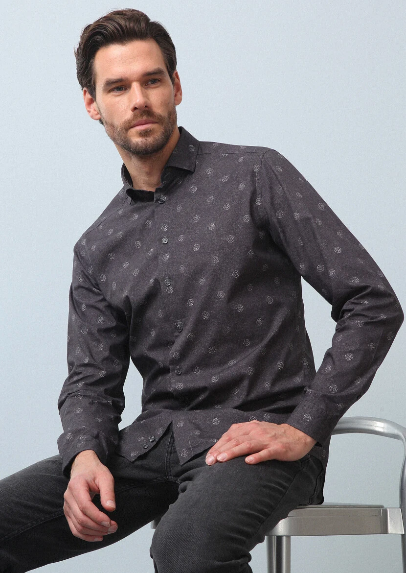 Antrasit Baskılı Slim Fit Dokuma Casual %100 Pamuk Gömlek - 1