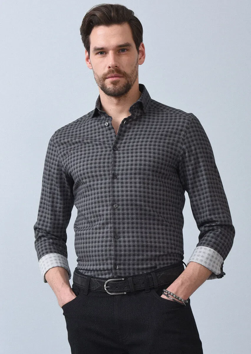 Antrasit Baskılı Slim Fit Dokuma Casual %100 Pamuk Gömlek - 1