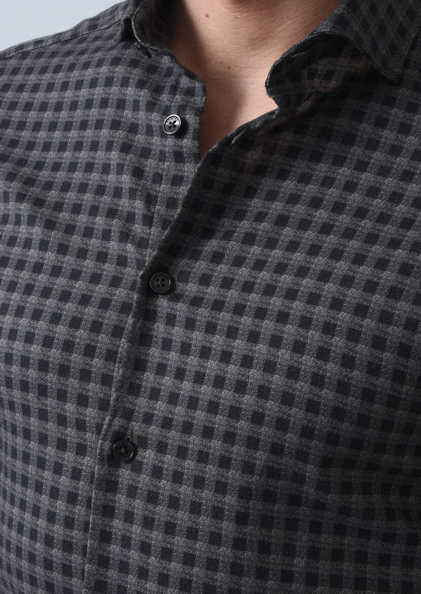 Antrasit Baskılı Slim Fit Dokuma Casual %100 Pamuk Gömlek - 2