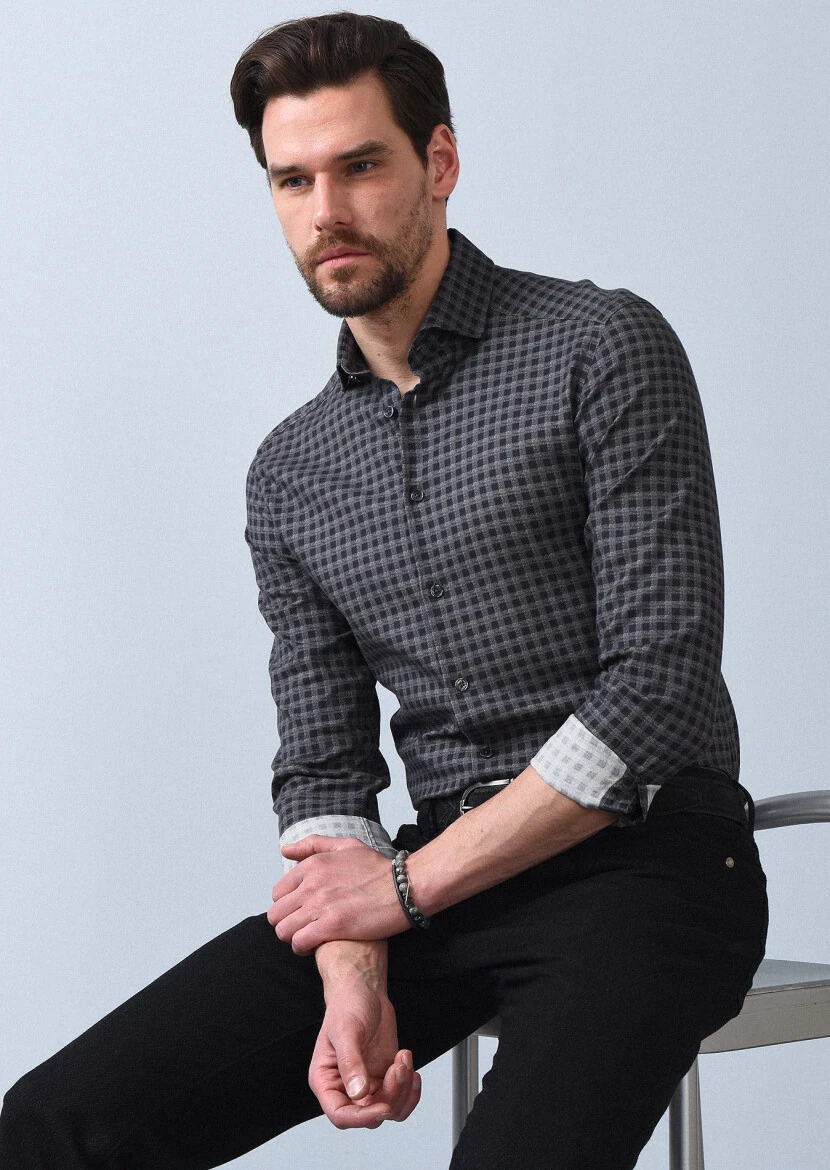 Antrasit Baskılı Slim Fit Dokuma Casual %100 Pamuk Gömlek - 3