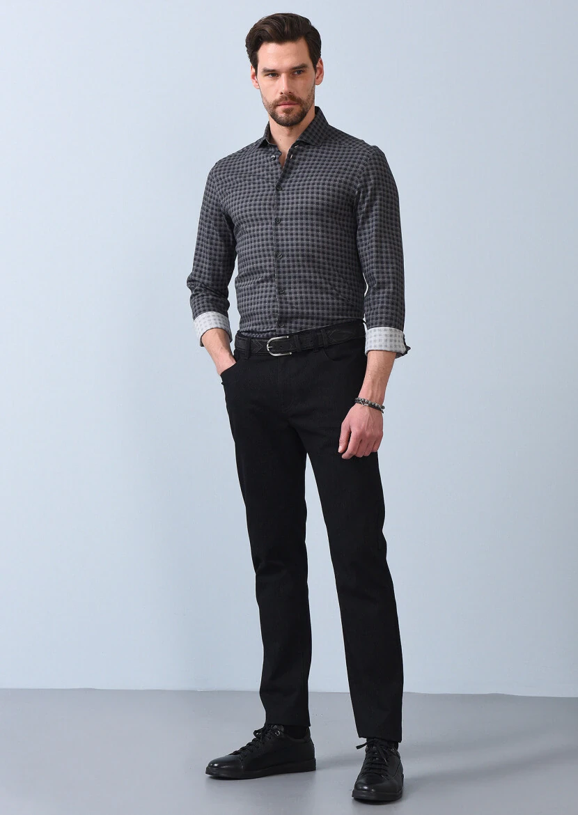 Antrasit Baskılı Slim Fit Dokuma Casual %100 Pamuk Gömlek - 4