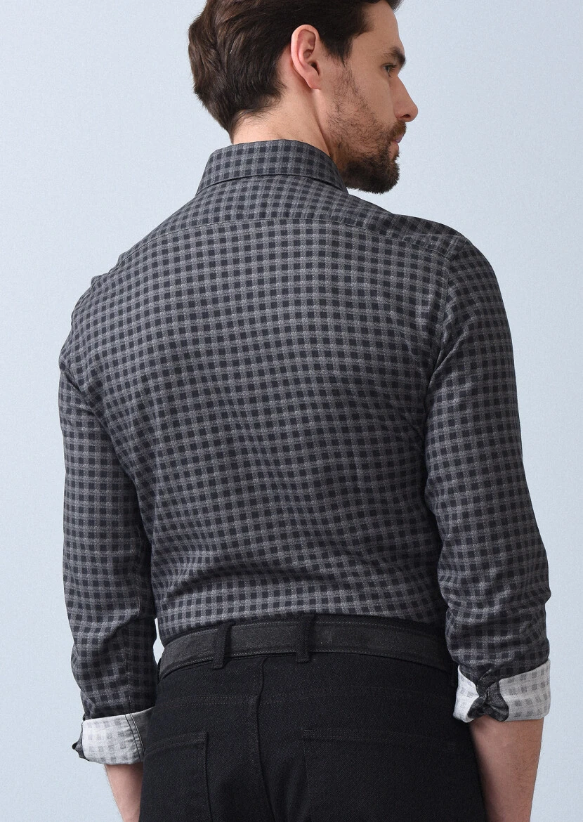 Antrasit Baskılı Slim Fit Dokuma Casual %100 Pamuk Gömlek - 5