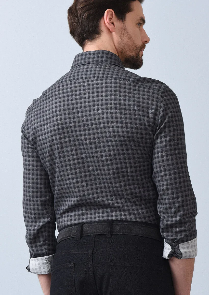 Antrasit Baskılı Slim Fit Dokuma Casual %100 Pamuk Gömlek - 5