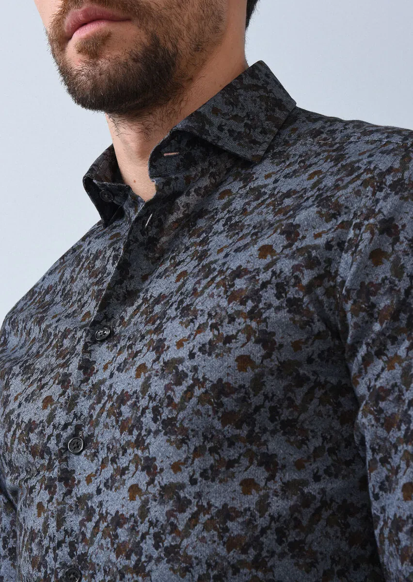 Antrasit Baskılı Slim Fit Dokuma Casual %100 Pamuk Gömlek - 2