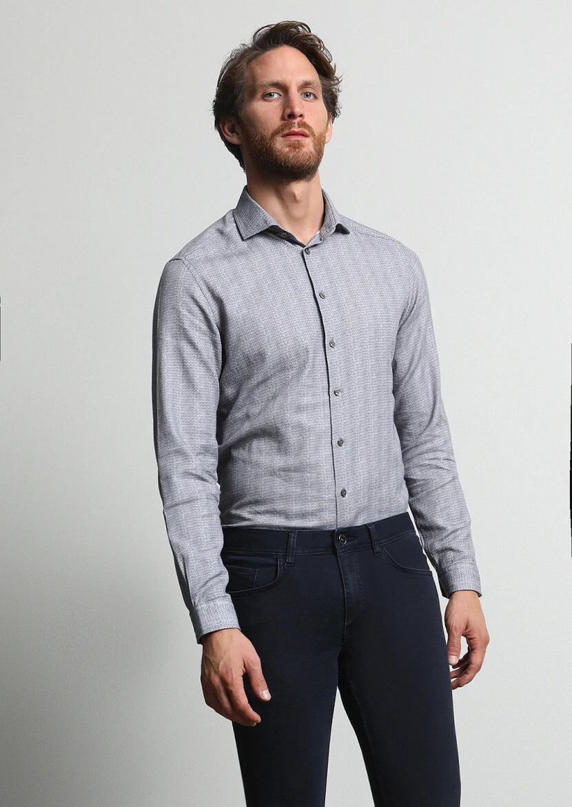 Antrasit Baskılı Slim Fit Dokuma Casual %100 Pamuk Gömlek - 1