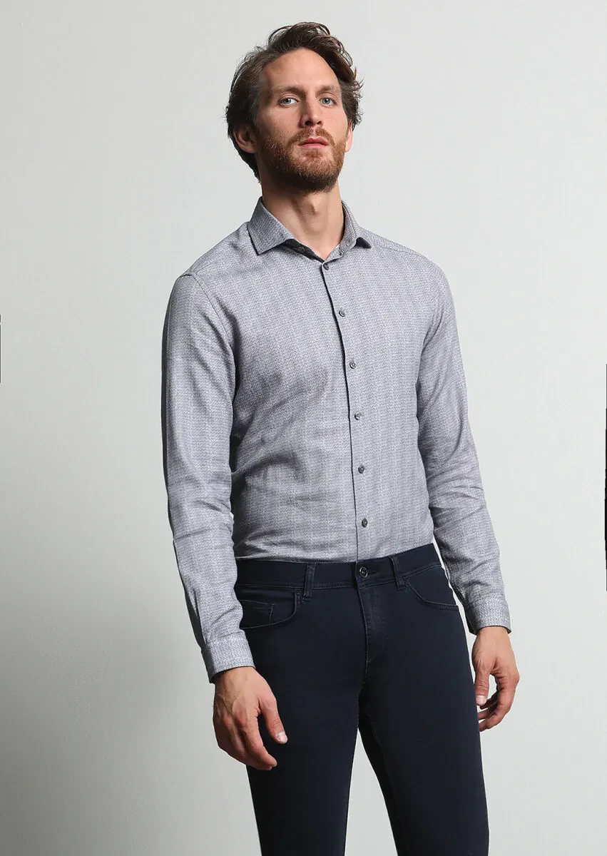 Antrasit Baskılı Slim Fit Dokuma Casual %100 Pamuk Gömlek - 1
