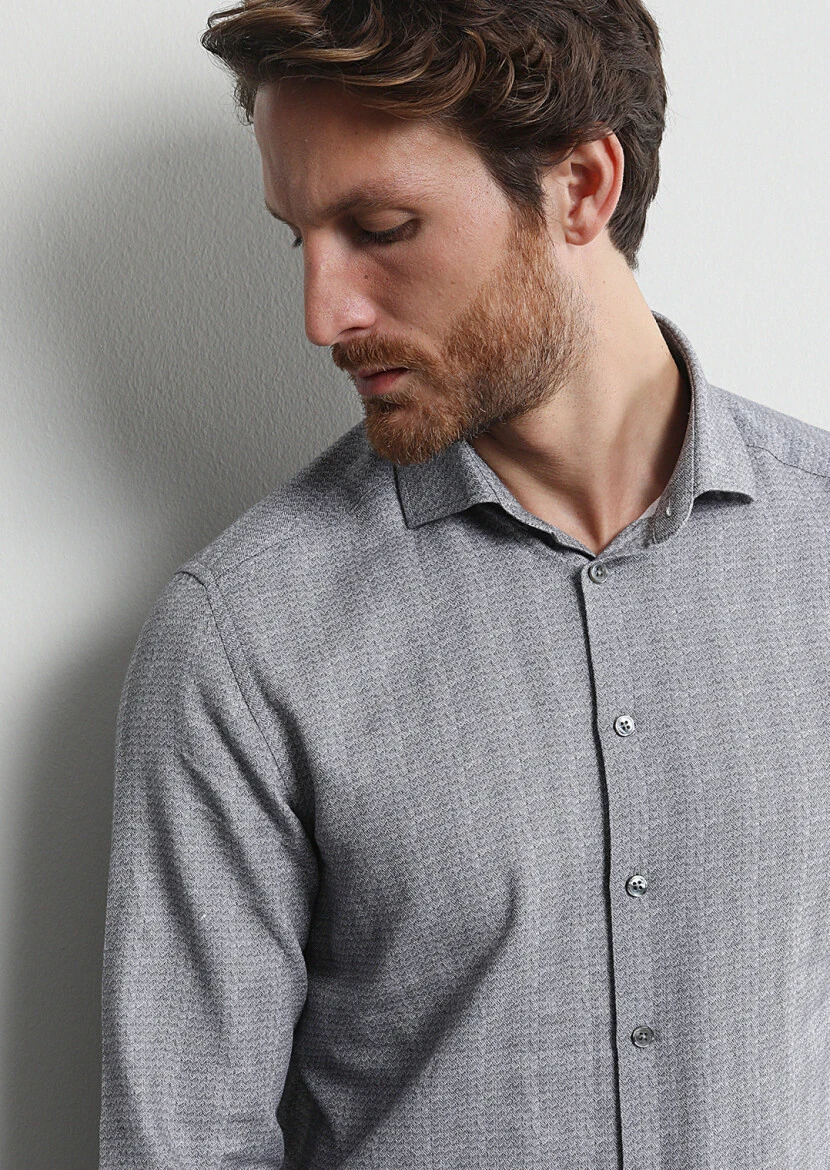 Antrasit Baskılı Slim Fit Dokuma Casual %100 Pamuk Gömlek 