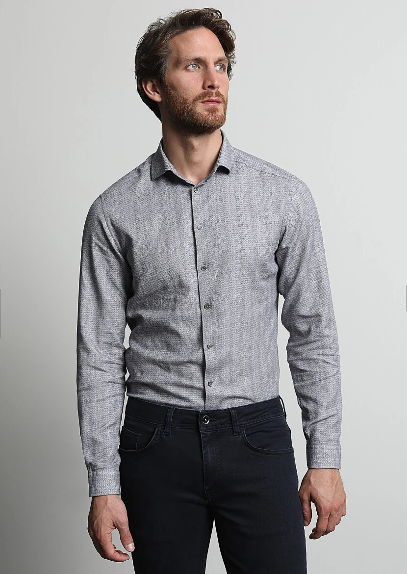 Antrasit Baskılı Slim Fit Dokuma Casual %100 Pamuk Gömlek - 3