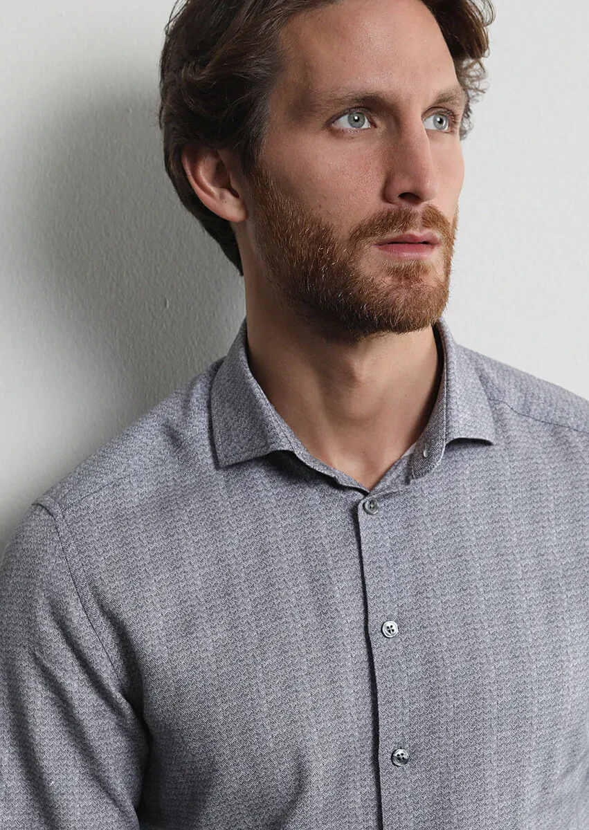 Antrasit Baskılı Slim Fit Dokuma Casual %100 Pamuk Gömlek - 4