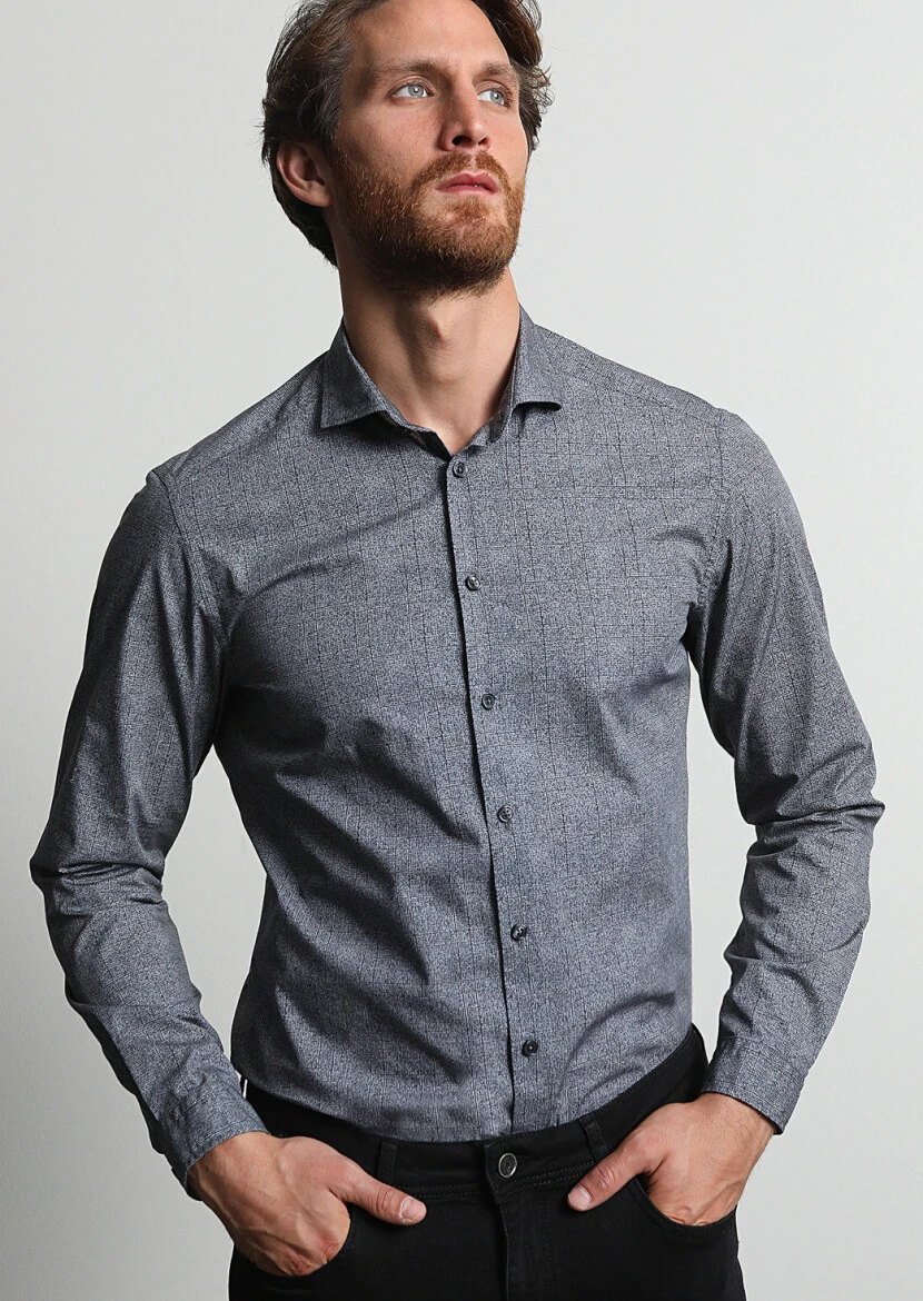 Antrasit Baskılı Slim Fit Dokuma Casual %100 Pamuk Gömlek - 1