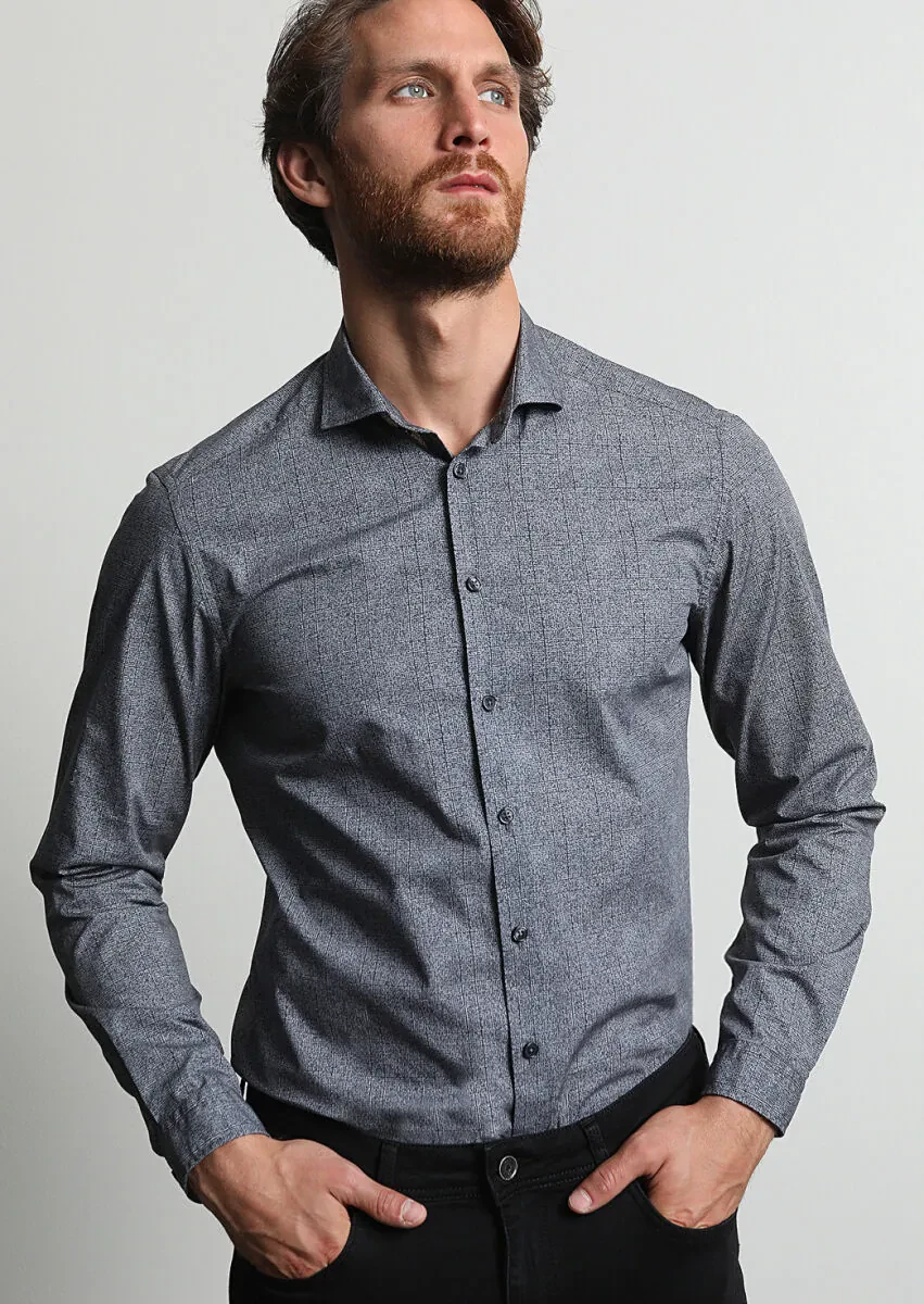 Antrasit Baskılı Slim Fit Dokuma Casual %100 Pamuk Gömlek - 1