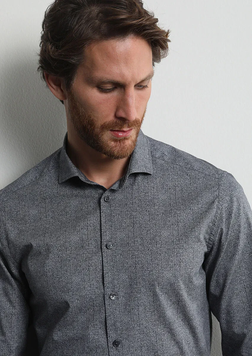 Antrasit Baskılı Slim Fit Dokuma Casual %100 Pamuk Gömlek - 2