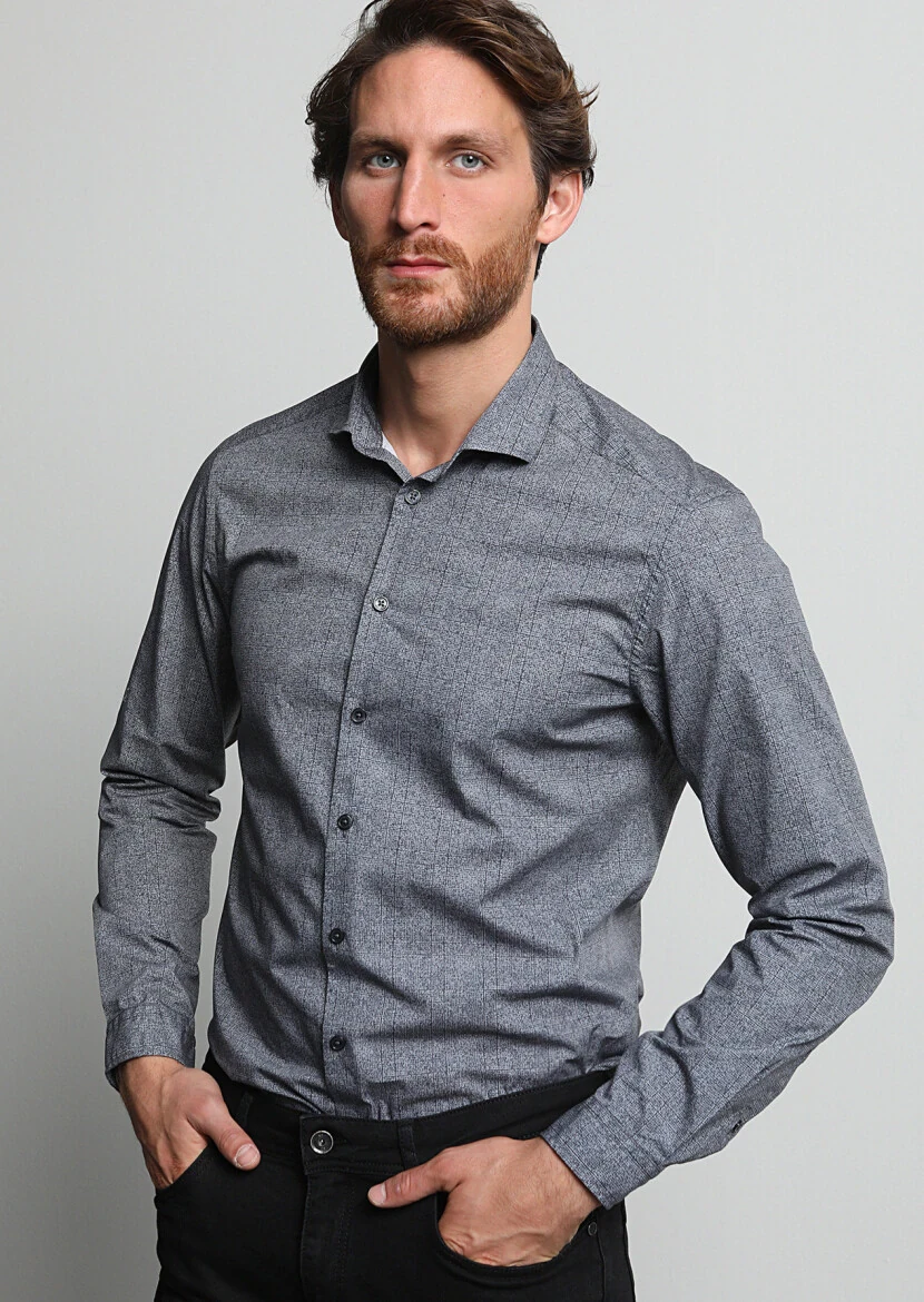 Antrasit Baskılı Slim Fit Dokuma Casual %100 Pamuk Gömlek - 4