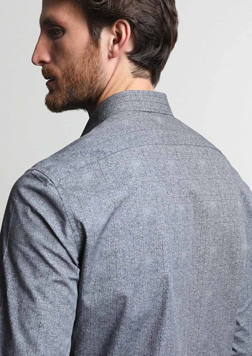 Antrasit Baskılı Slim Fit Dokuma Casual %100 Pamuk Gömlek - 5