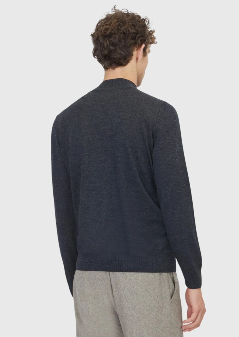 Antrasit Bato Yaka Düz Örgü Yün Karışımlı Triko Kazak - 5