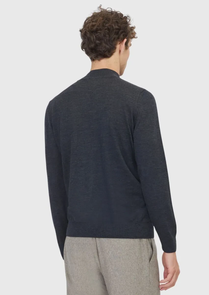 Antrasit Bato Yaka Düz Örgü Yün Karışımlı Triko Kazak - 5