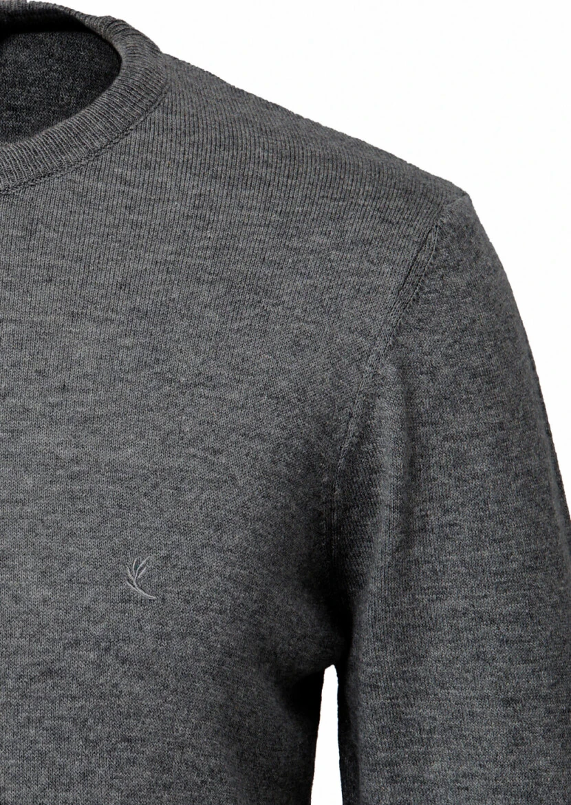 Antrasit Bisiklet Yaka Düz Örgü Yün Karışımlı Triko Kazak 