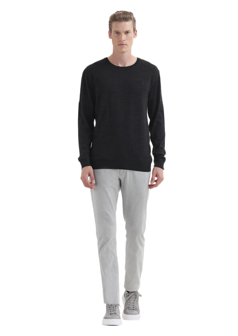 Antrasit Bisiklet Yaka Düz Örgü Yün Karışımlı Triko Kazak 