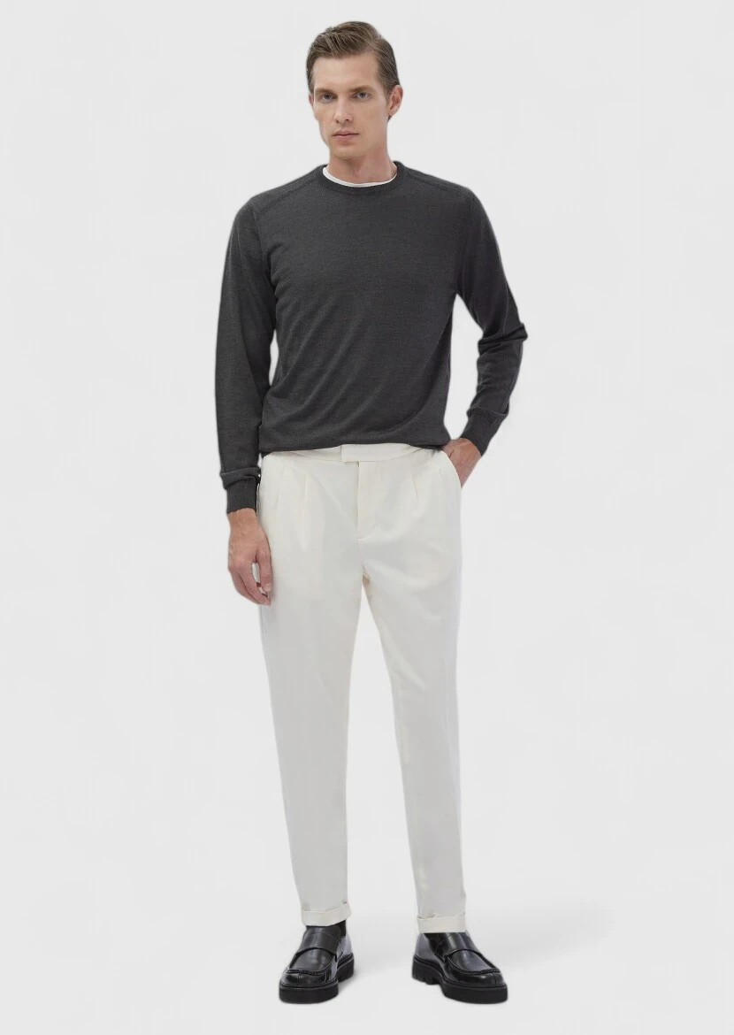 Antrasit Bisiklet Yaka Düz Örgü Yün Karışımlı Triko Kazak 