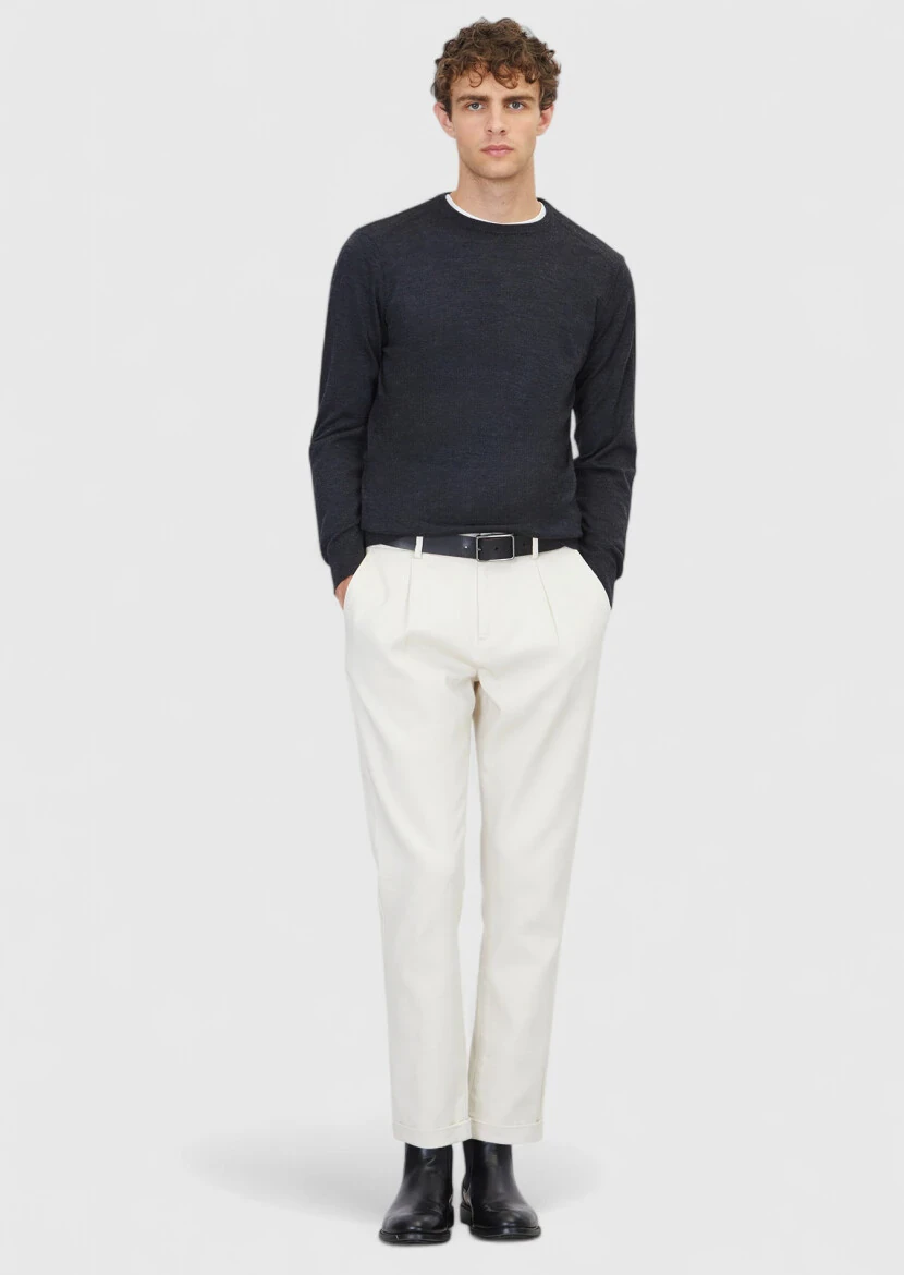 Antrasit Bisiklet Yaka Düz Örgü Yün Karışımlı Triko Kazak 