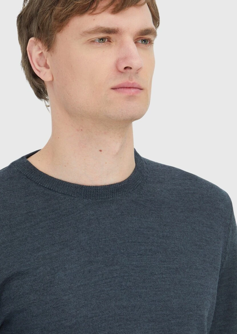 Antrasit Bisiklet Yaka Düz Örgü Yün Karışımlı Triko Kazak - 3