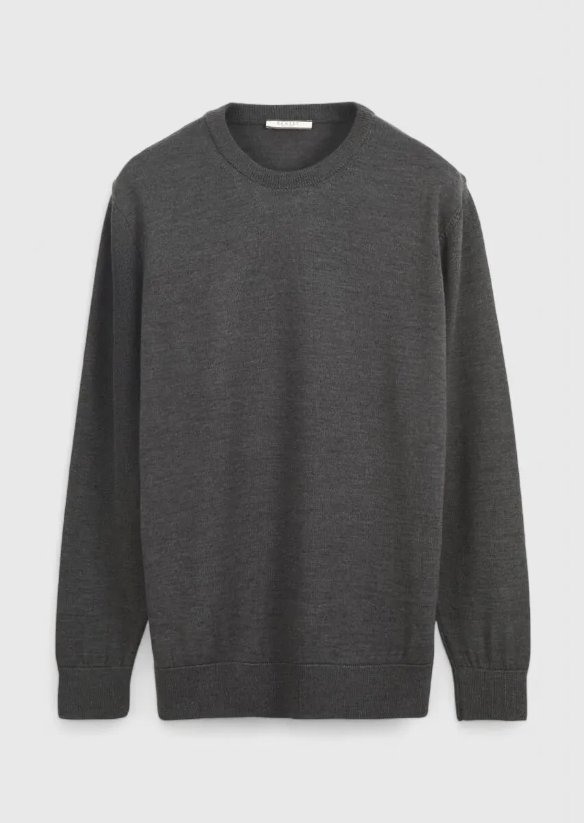 Antrasit Bisiklet Yaka Düz Örgü Yün Karışımlı Triko Kazak - 6