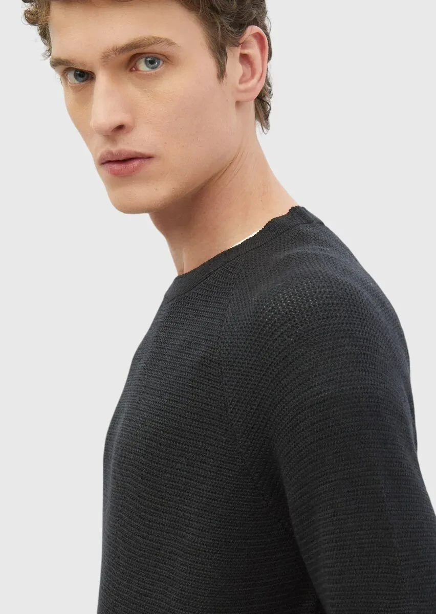Antrasit Bisiklet Yaka Jakarlı Yün Karışımlı Triko Kazak - 3