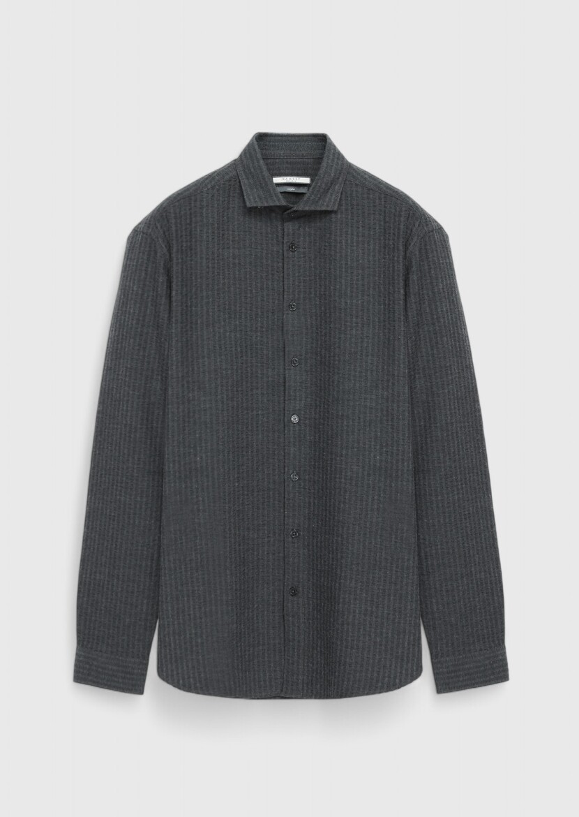 Antrasit Çizgili Casual Fit Dokuma Casual %100 Pamuk Gömlek 