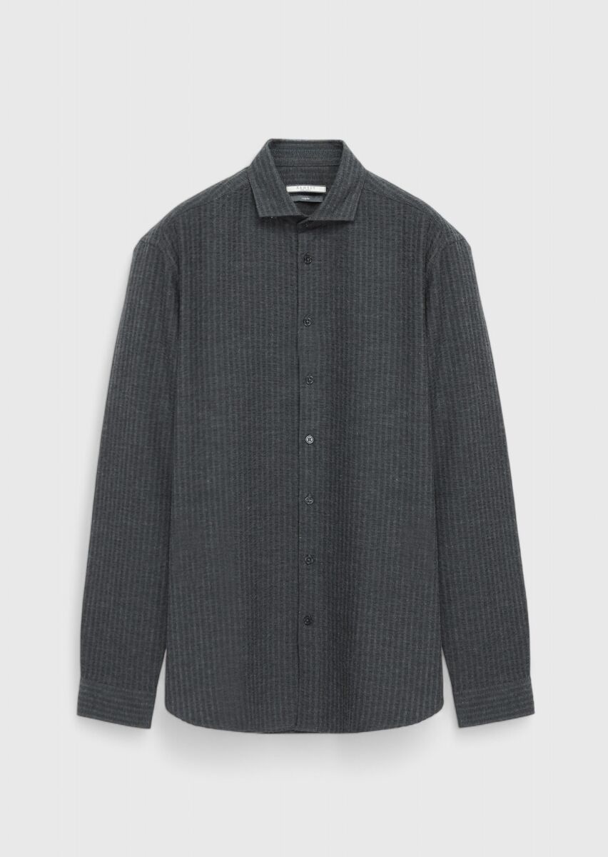 Antrasit Çizgili Casual Fit Dokuma Casual %100 Pamuk Gömlek - 1
