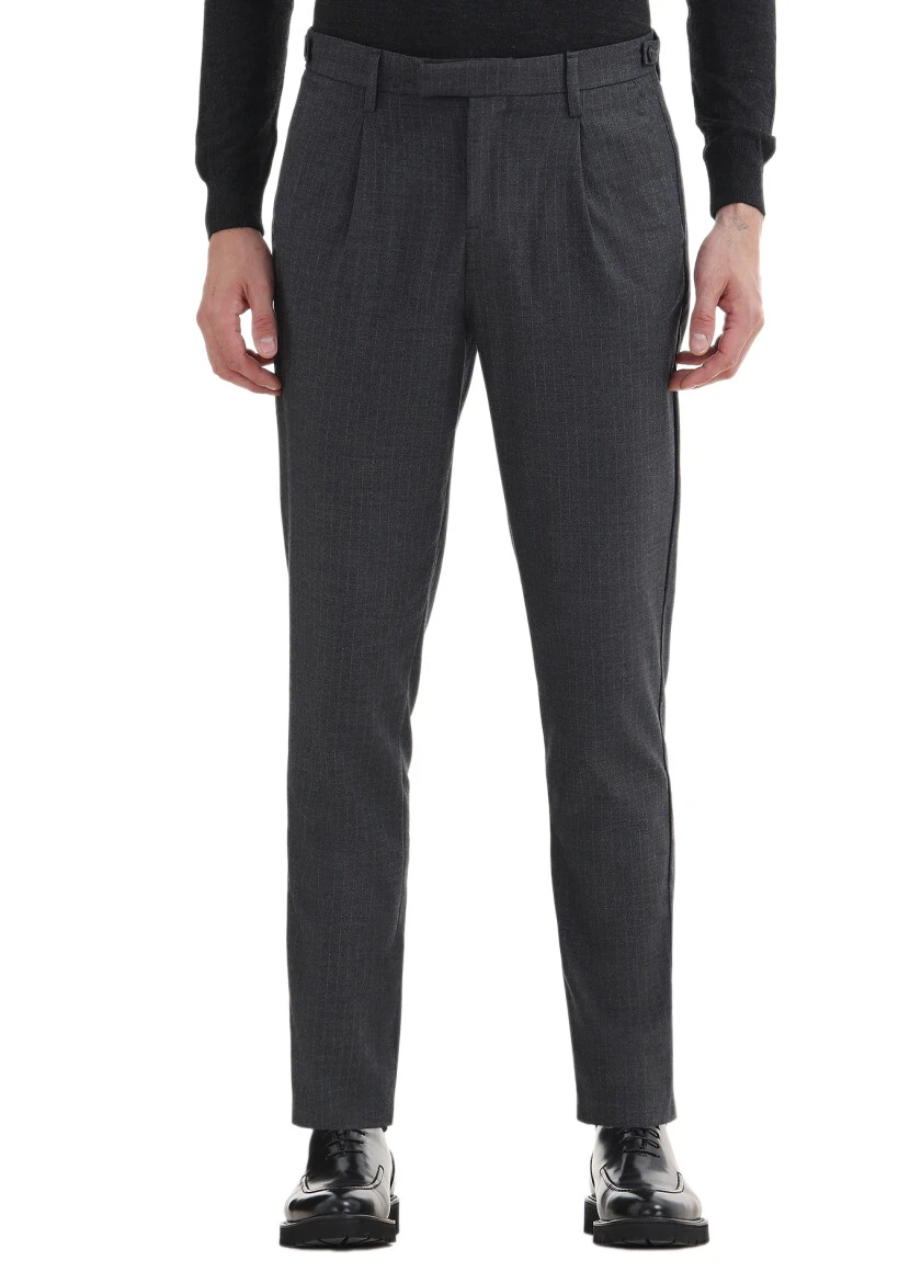 Antrasit Çizgili Dokuma Regular Fit Casual Pantolon 
