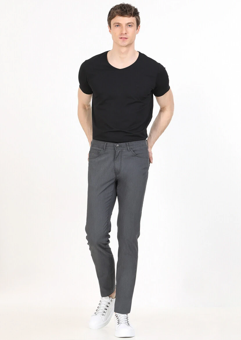 Antrasit Çizgili Dokuma Slim Fit Casual Pantolon - 1