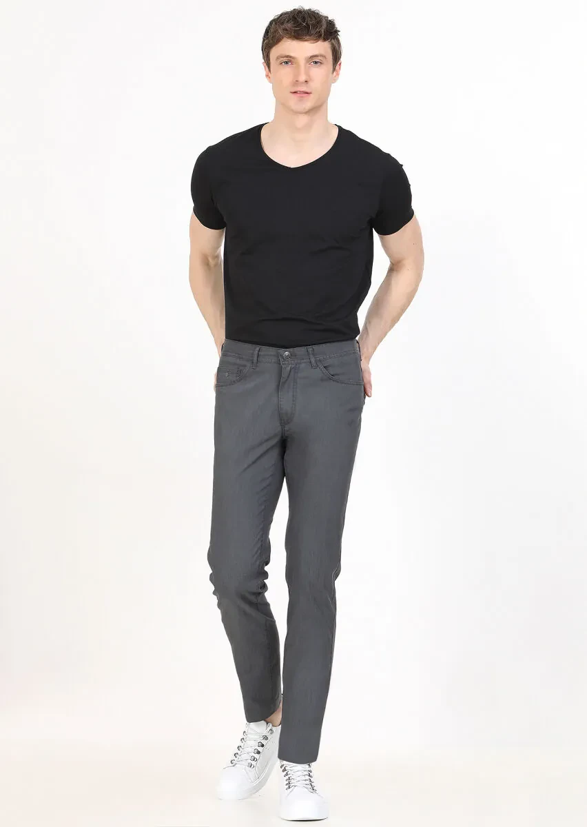 Antrasit Çizgili Dokuma Slim Fit Casual Pantolon - 1