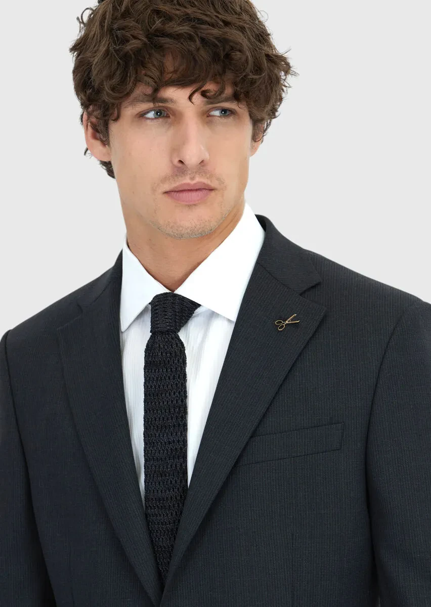 Antrasit Çizgili Modern Fit Yün Karışımlı Takım Elbise - 4