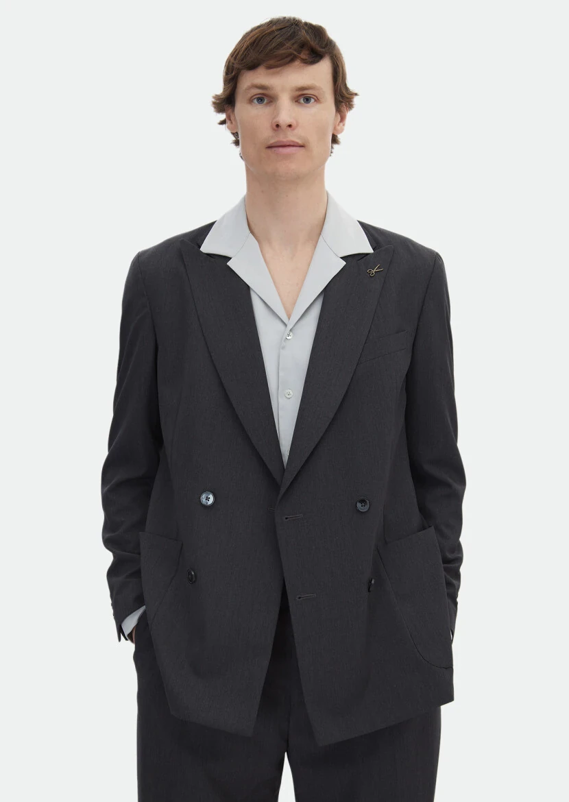 Antrasit Çizgili Oversize Fit İpek Karışımlı Takım Elbise - 1