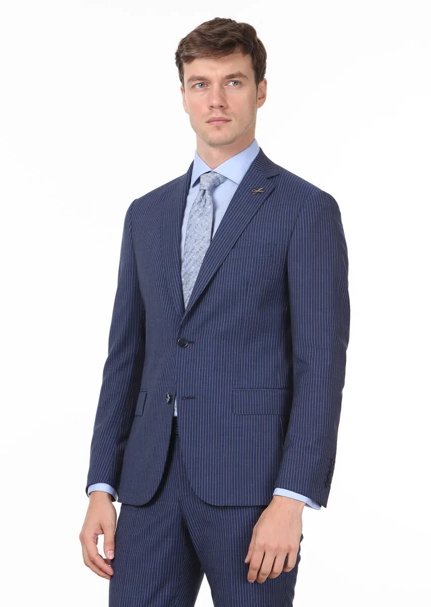 Antrasit Çizgili Regular Fit %100 Yün Takım Elbise - 1