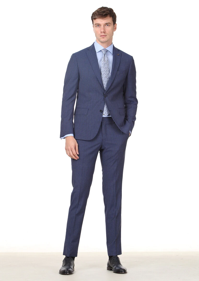 Antrasit Çizgili Regular Fit %100 Yün Takım Elbise - 2