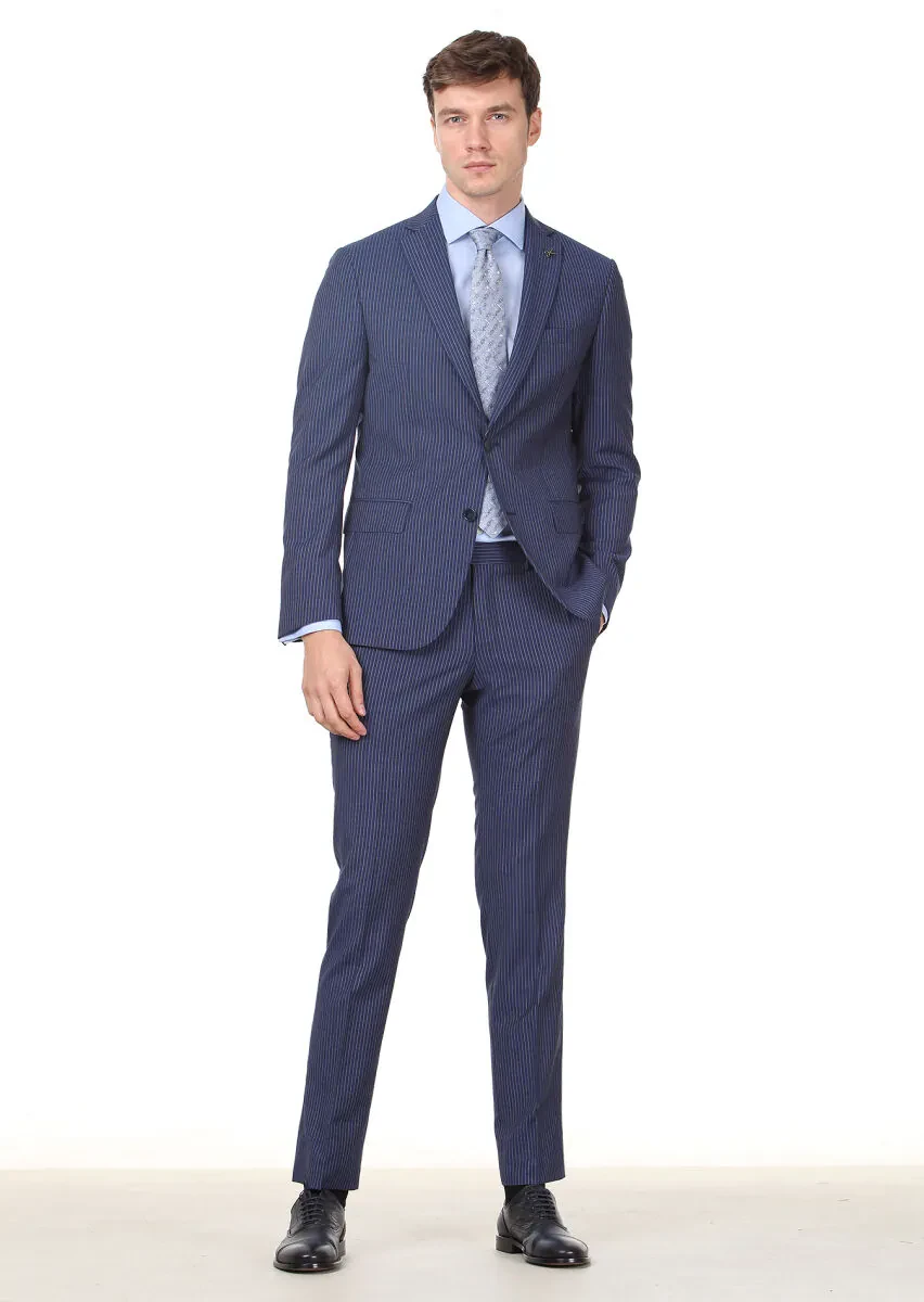 Antrasit Çizgili Regular Fit %100 Yün Takım Elbise - 2