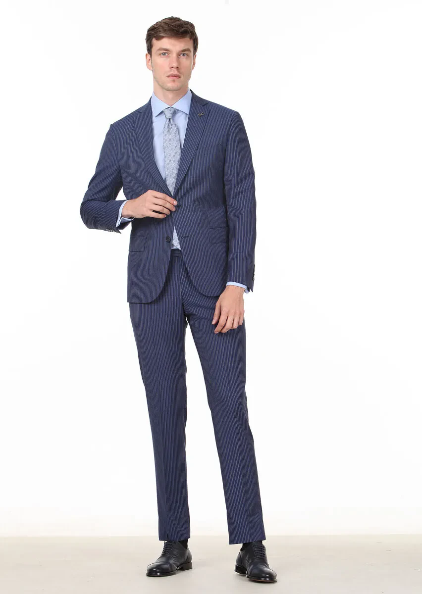 Antrasit Çizgili Regular Fit %100 Yün Takım Elbise - 3