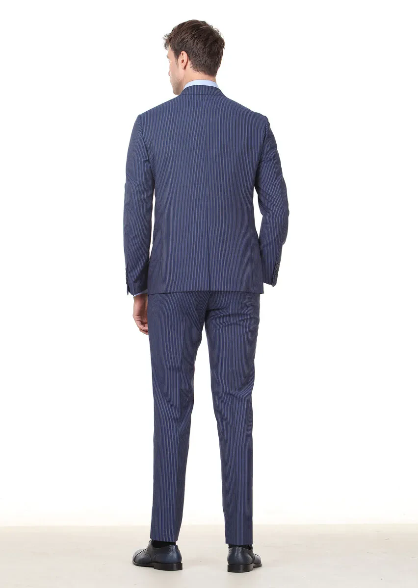 Antrasit Çizgili Regular Fit %100 Yün Takım Elbise - 4