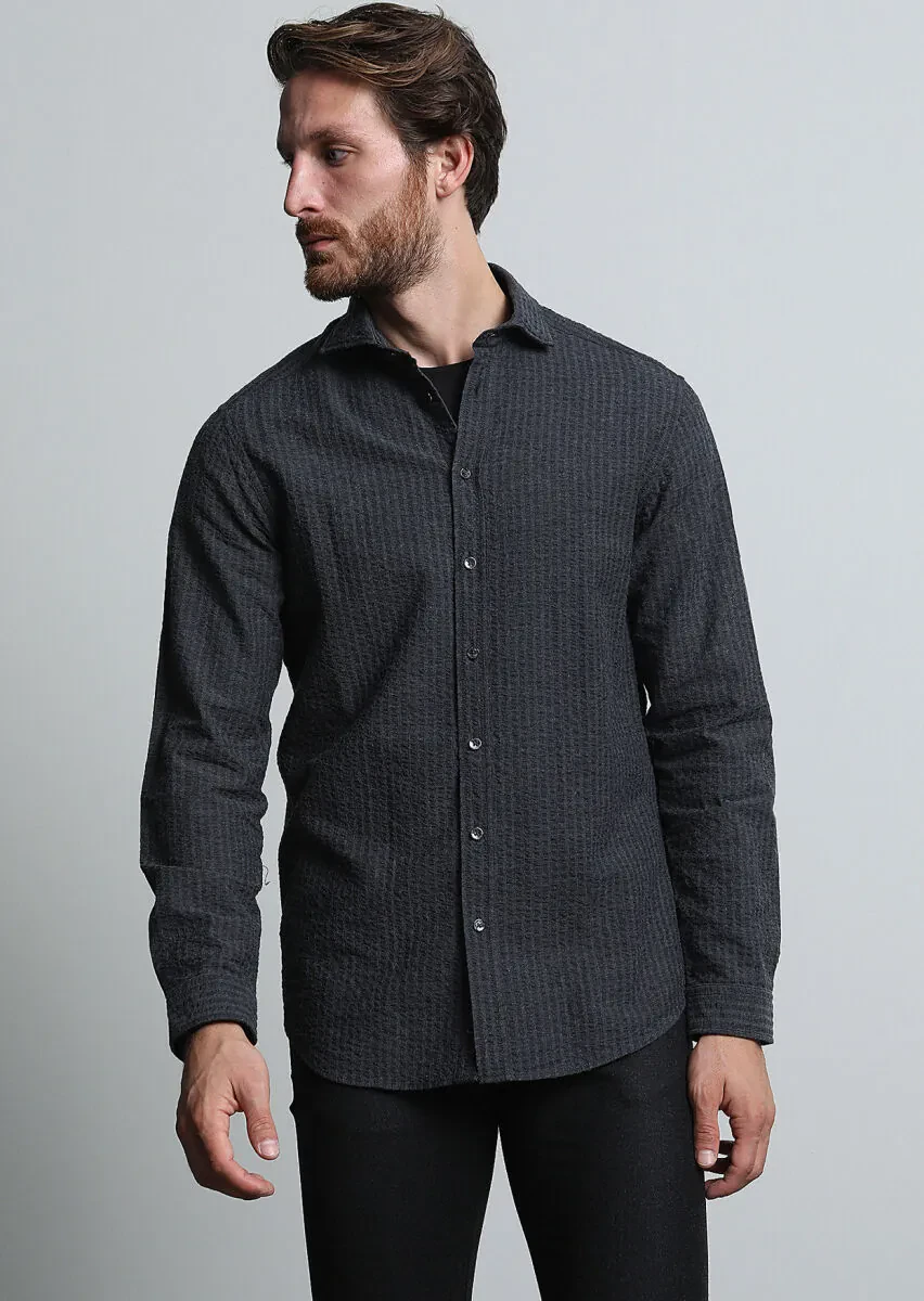 Antrasit Çizgili Regular Fit Dokuma Casual %100 Pamuk Gömlek - 1