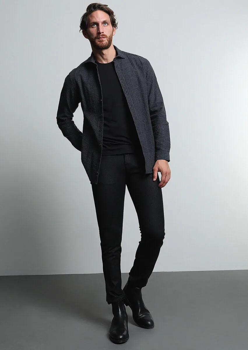 Antrasit Çizgili Regular Fit Dokuma Casual %100 Pamuk Gömlek - 2