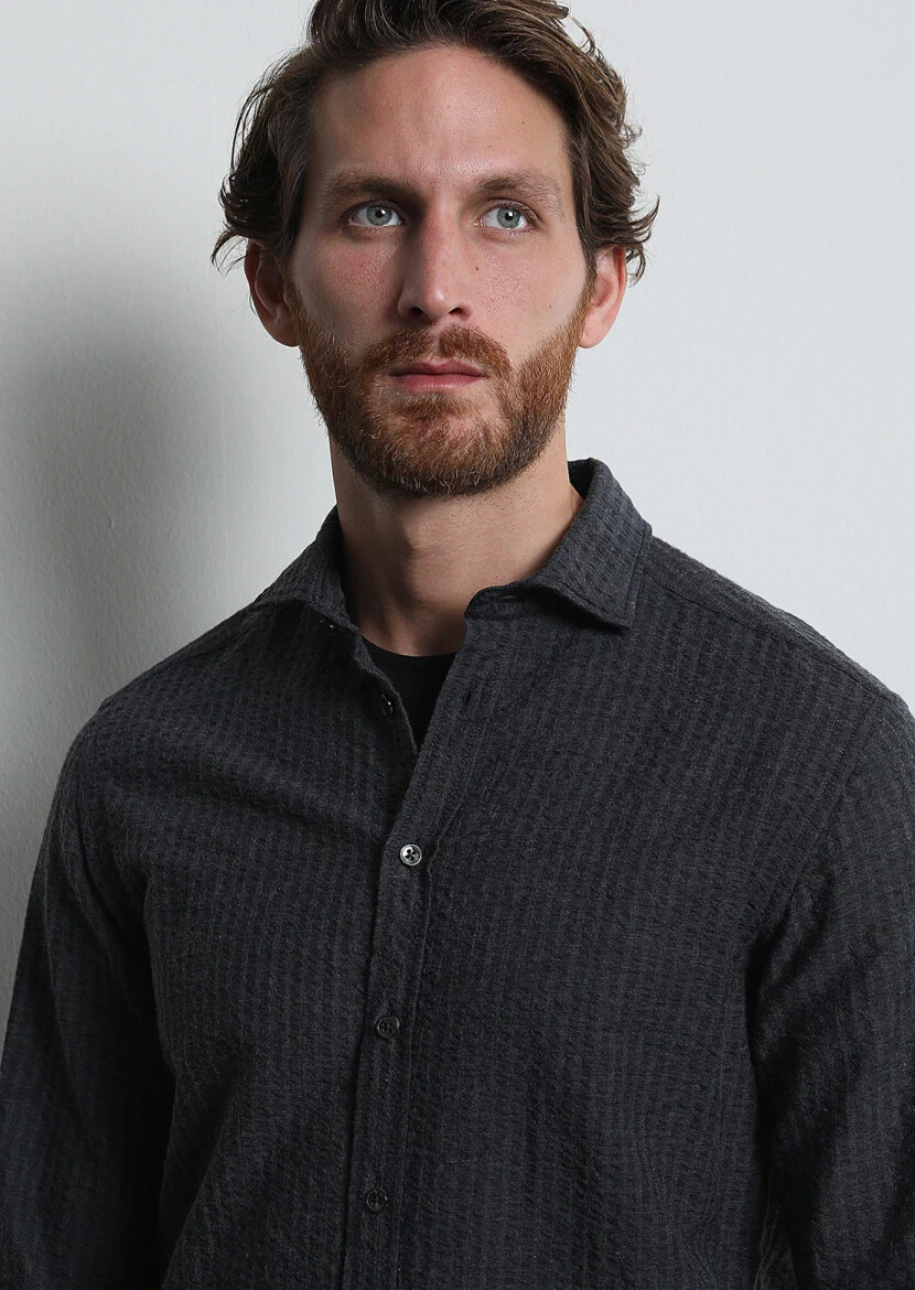 Antrasit Çizgili Regular Fit Dokuma Casual %100 Pamuk Gömlek - 3