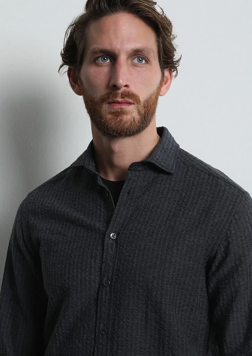 Antrasit Çizgili Regular Fit Dokuma Casual %100 Pamuk Gömlek - 3