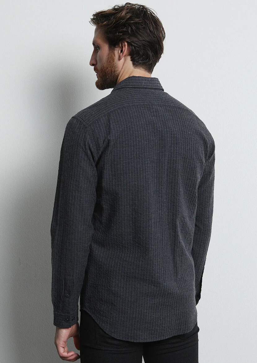 Antrasit Çizgili Regular Fit Dokuma Casual %100 Pamuk Gömlek - 5